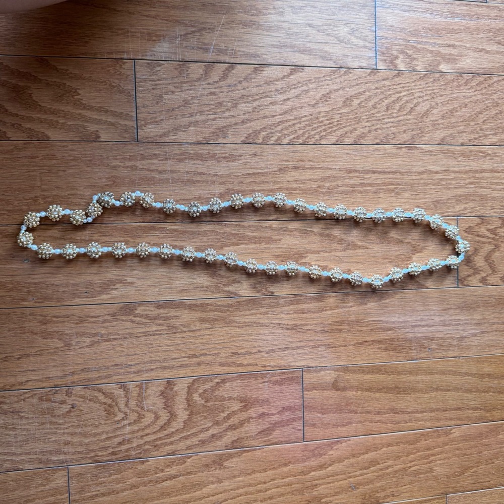 Gold Beaded Cluster and White Faux Pearl Long Strand Necklace No Clasp 36 Inch